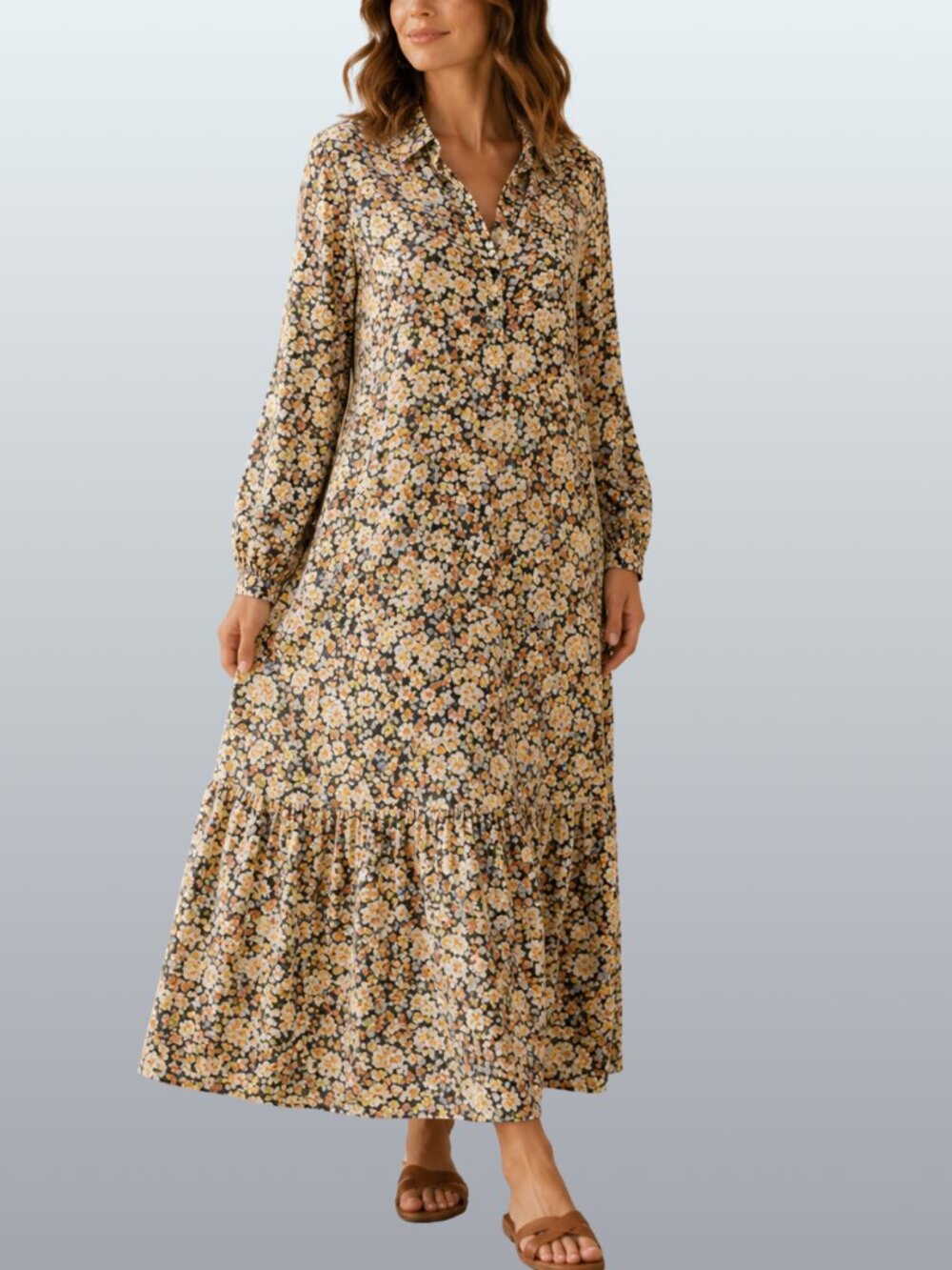 Wildflower Floral Tiered Maxi Shirt Dress M Cottagecore Prairie Boho H&M EUC